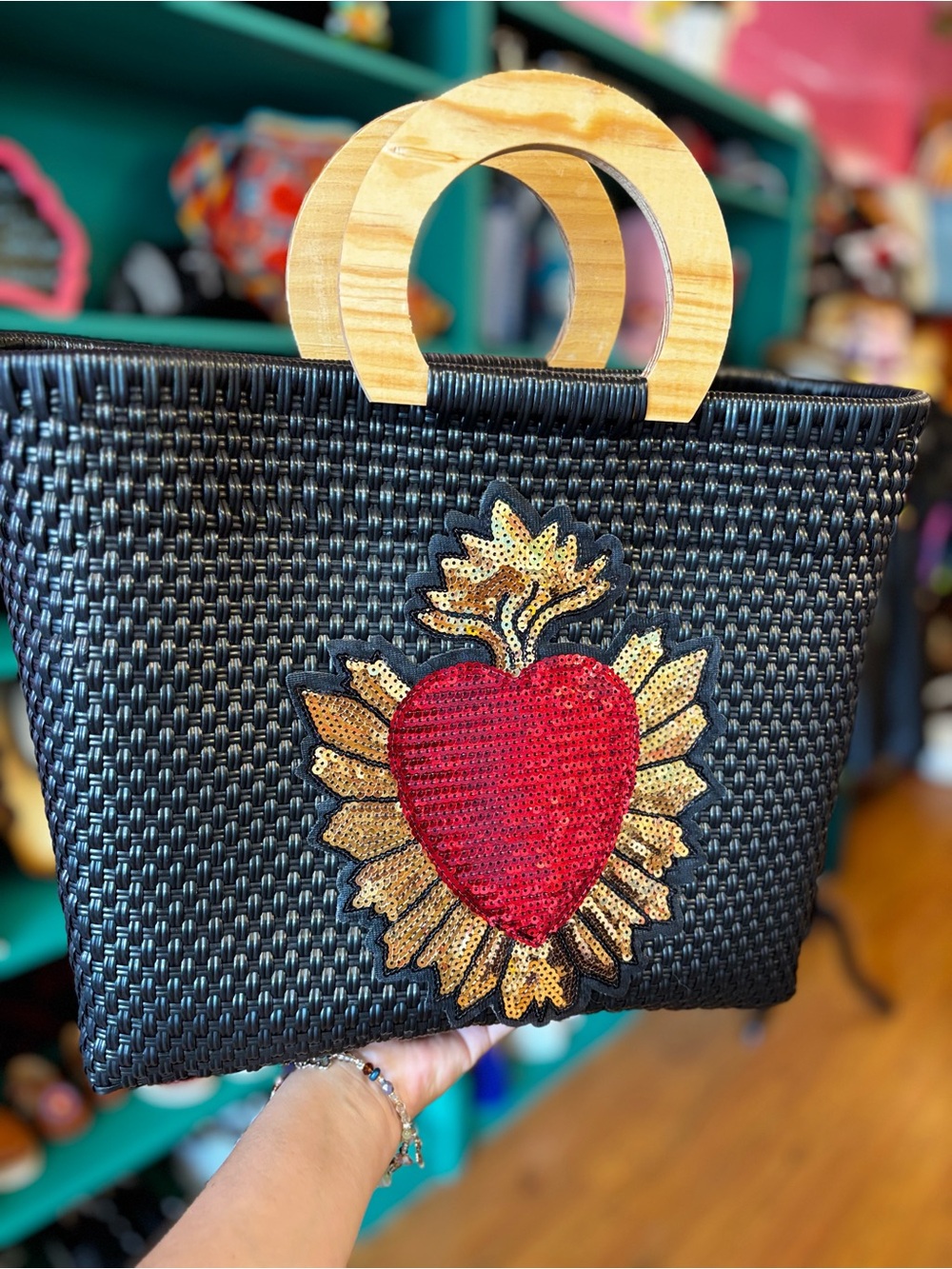 Hand Crafted Black Woven Tote with Red Sequin Heart and Gold Sunburst